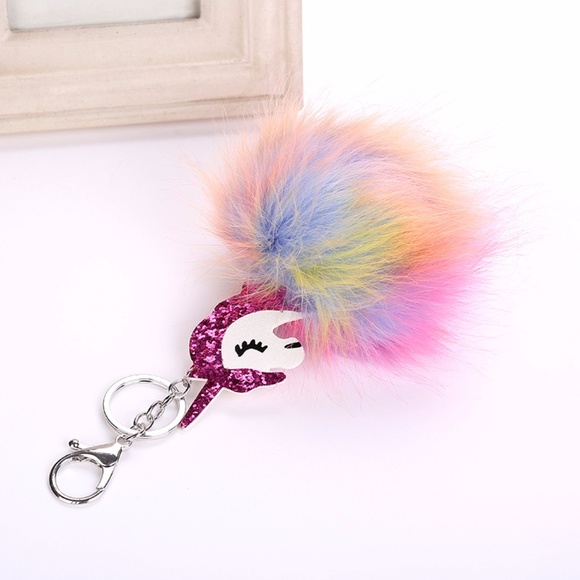 NEW Cute Unicorn Pom Pom Handbag Charm / Keychain - Picture 2 of 3